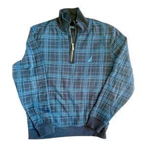 NAUTICA Men’s Mock Navy Plaid Quarter Zip Sweater / Sweatshirt — Size Medium